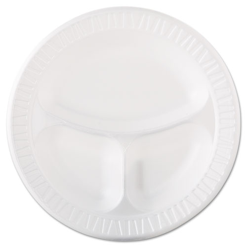 Quiet Class Laminated Foam Dinnerware, Plates, 3-Compartment, 10.25 dia, White, 125Pack, 4 PacksCarton