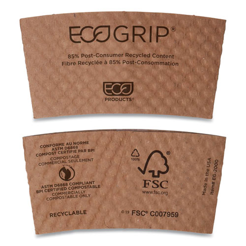 EcoGrip Hot Cup Sleeves – Renewable and Compostable, Fits 12, 16, 20, 24 oz Cups, Kraft, 1,300Carton