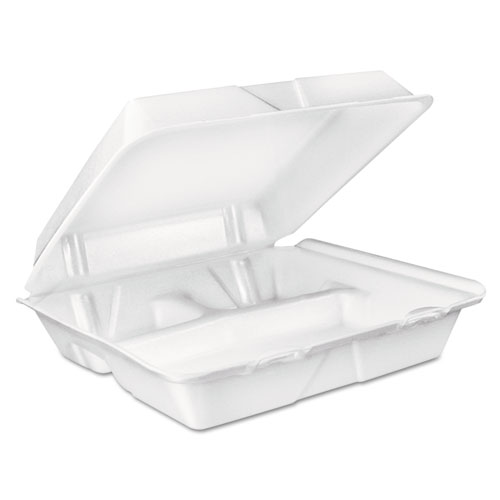 Foam Hinged Lid Container, 3-Compartment, 8 oz, 9 x 9.4 x 3, White, 200Carton