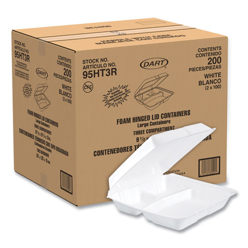Foam Hinged Lid Containers, 3-Compartment, 9.25 x 9.5 x 3, White, 200Carton