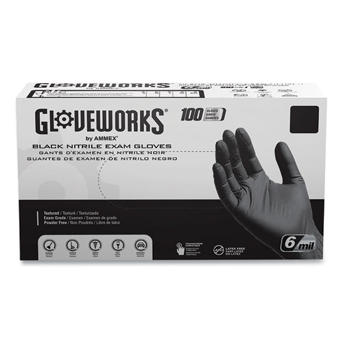 Nitrile Exam Gloves, Powder-Free, 6 mil, Medium, Black 100 GlovesBox, 10 BoxesCarton