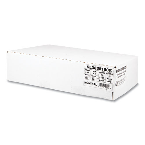 Recycled Low-Density Commercial Can Liners, Coreless Interleaved Roll, 60 gal, 1.5 mil, 38 x 58, Black, 20Roll, 5 RollsCT
