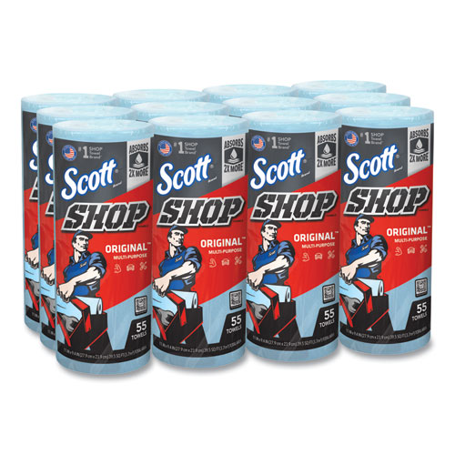 Shop Towels, Standard Roll, 1-Ply, 9.4 x 11, Blue, 55Roll, 12 RollsCarton