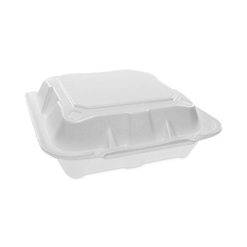 Vented Foam Hinged Lid Container, Dual Tab Lock, 8.42 x 8.15 x 3, White, 150Carton